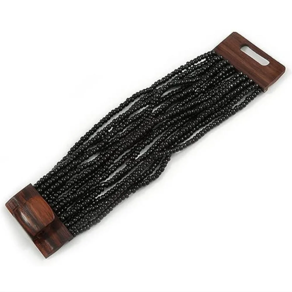 Black Glass Bead Multistrand Flex Bracelet With Wooden Closure